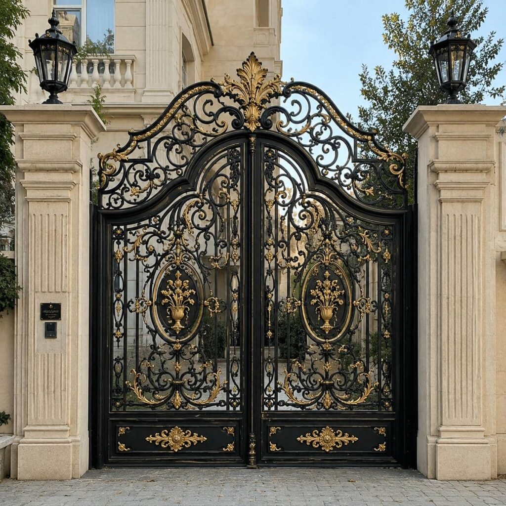 اجرای درب ویلایی مشکی طلایی ورودی لوکس برای حیاط و پارکینگ