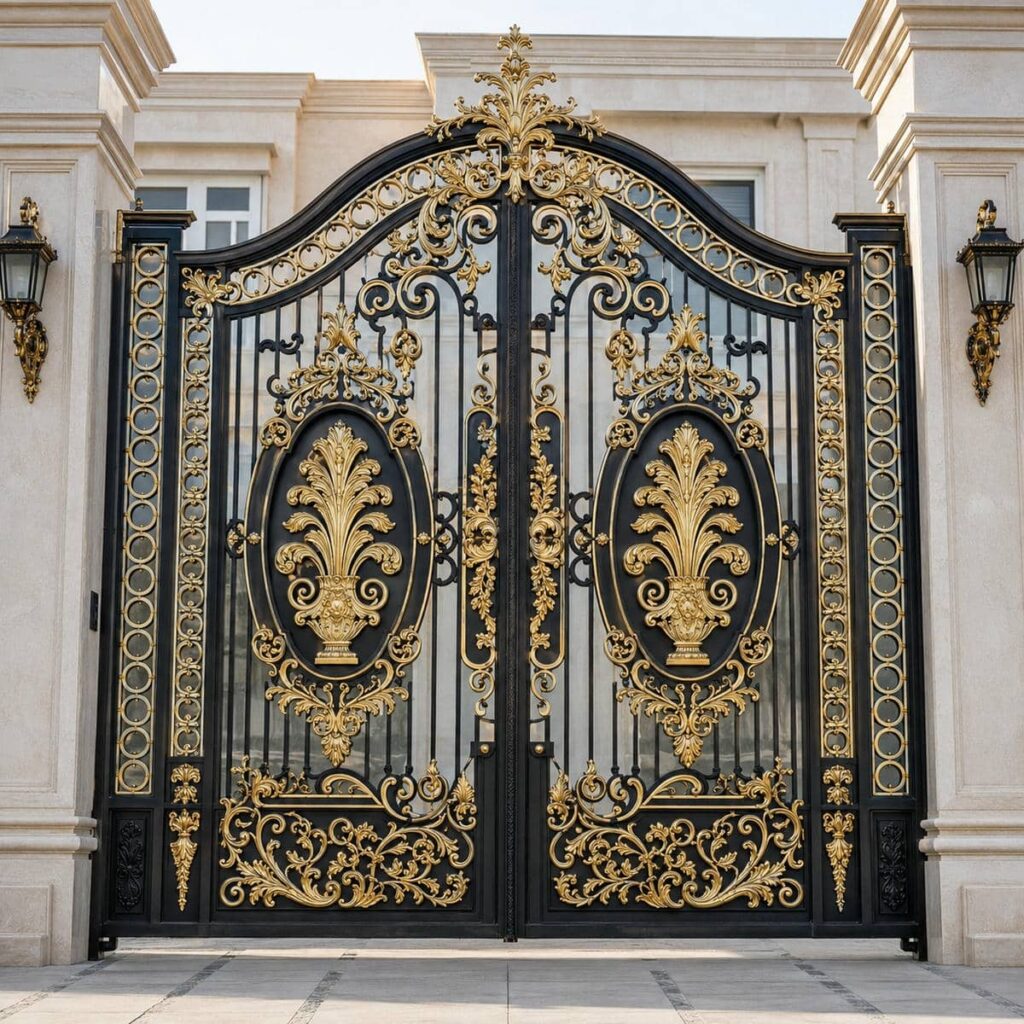 درب پارکینگ مشکی طلایی فرفورژه با طرح شاخص و کلاسیک