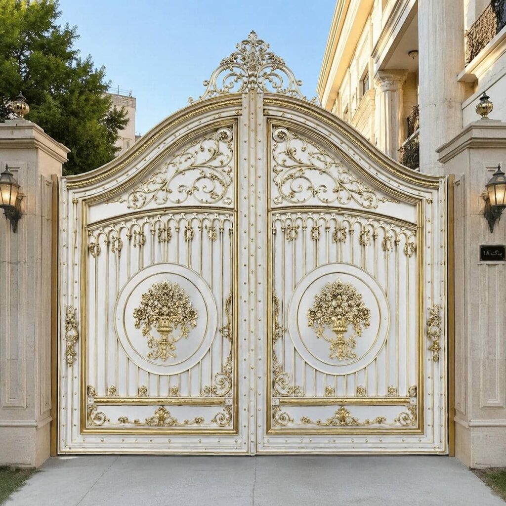 خرید درب ویلایی سفید طلایی نمای کلاسیک برای ورودی ویلا