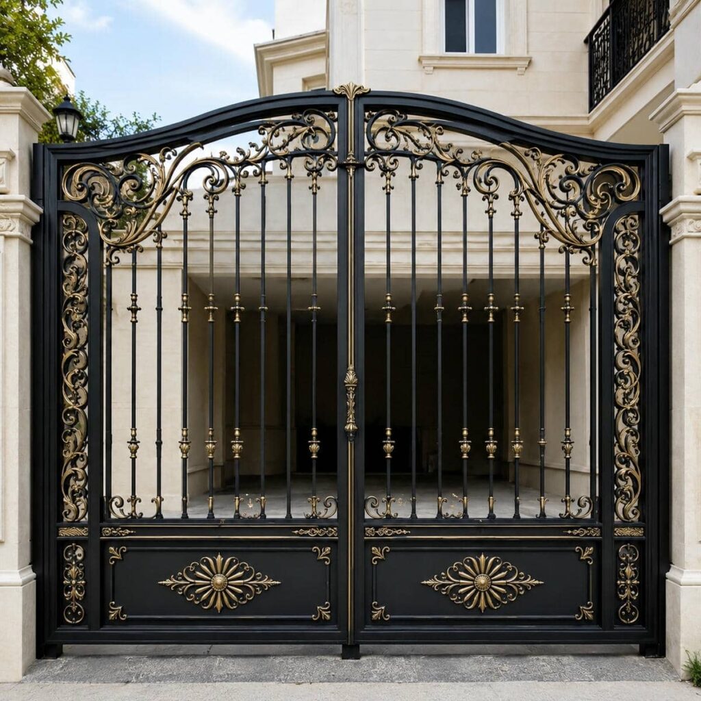 درب حیاط پروفیلی کلاف دار عمودی هماهنگ با نمای ورودی