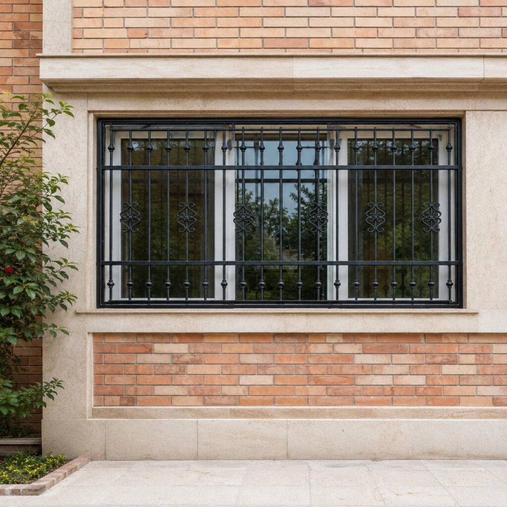 مدل حفاظ پنجره باغ مشکی مات هماهنگ با نمای سنگی